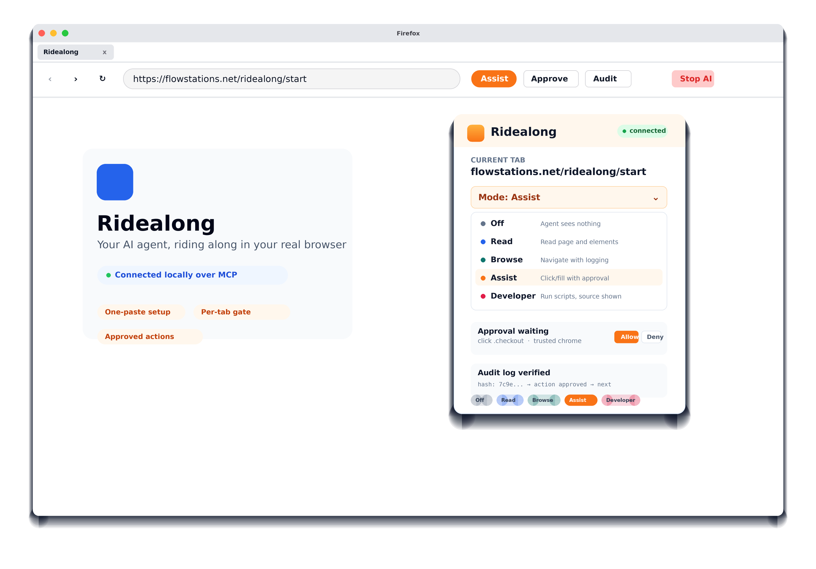 The Ridealong popup — per-tab mode, Stop AI, and the one-paste onboarding block