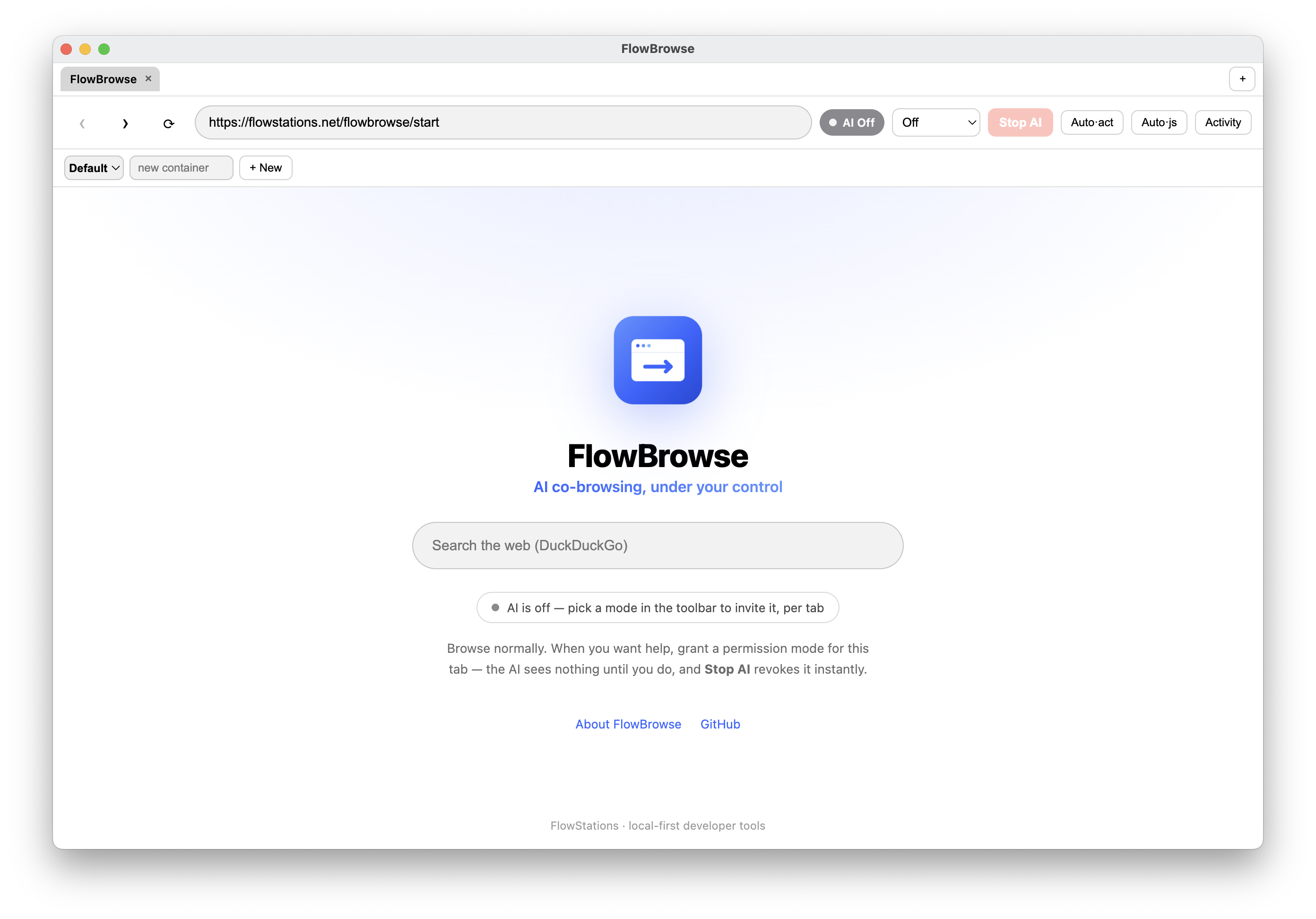 The SafeCoBrowser app window — per-tab AI mode, Stop AI, auto-approve, and Activity controls in the toolbar